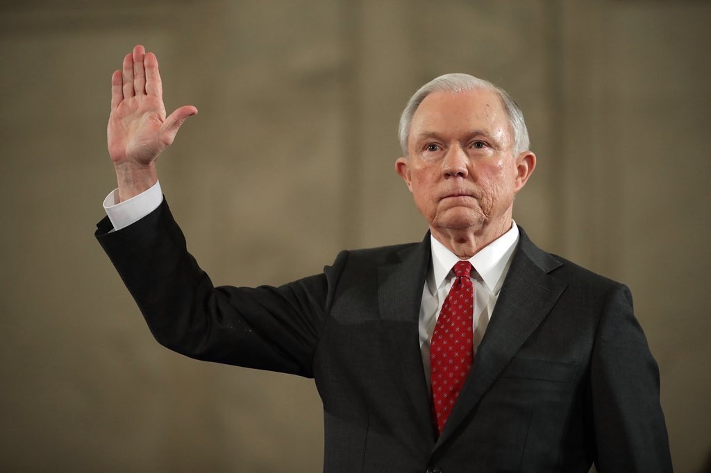 Alabama Senator Jeff Sessions takes oath before his testimony before the Senate Judiciary Committee in his Confirmation Hearing as United States Attorney General.